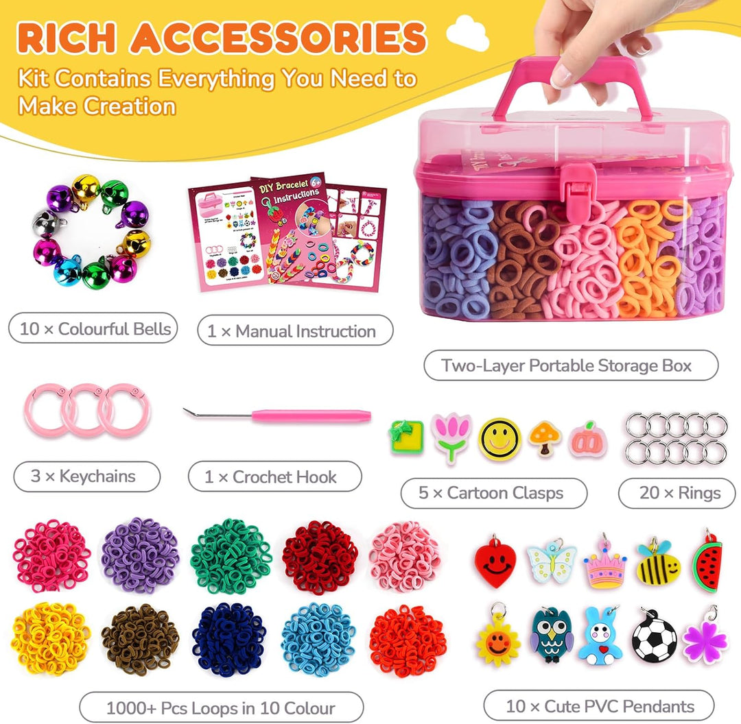 FunzBo Loom Bänder Set für Kinder 1000pcs 2025 Upgraded Soft Loom Bänder Haargummis Mädchen Armbände
