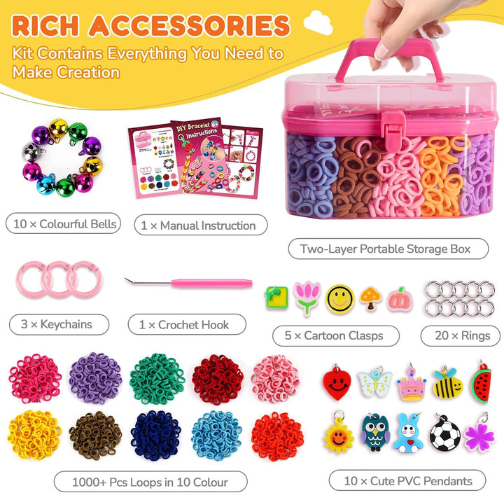 FunzBo Loom Bänder Set für Kinder 1000pcs 2025 Upgraded Soft Loom Bänder Haargummis Mädchen Armbände
