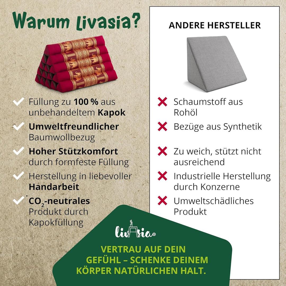 livasia Rückenstützkissen extrahoch mit Thaiseide - 38x55x35cm - Dreieckskissen für Garten/Balkon, K