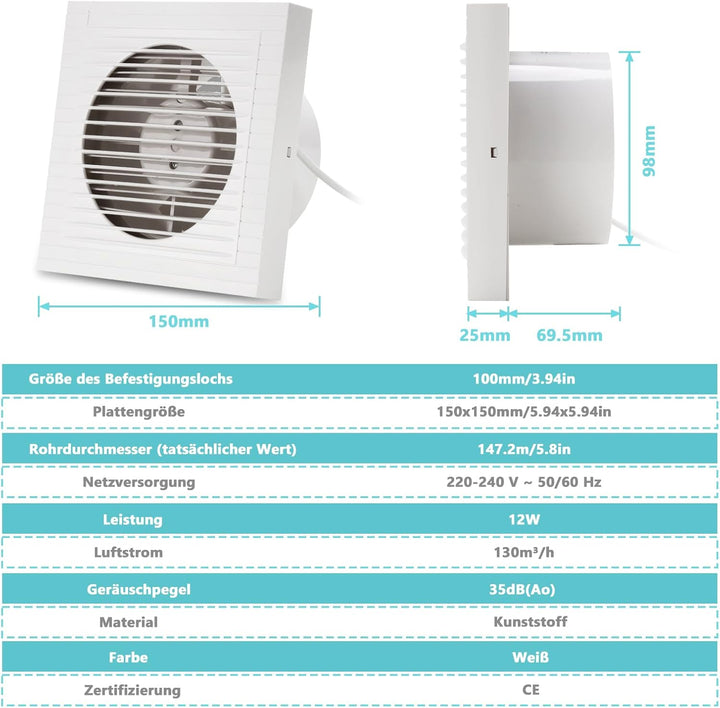 Randaco 2x Badlüfter Ø 100mm Wandventilator Lüfter, badezimmer Abluft Ventilator Küche WC Bad Lüfter