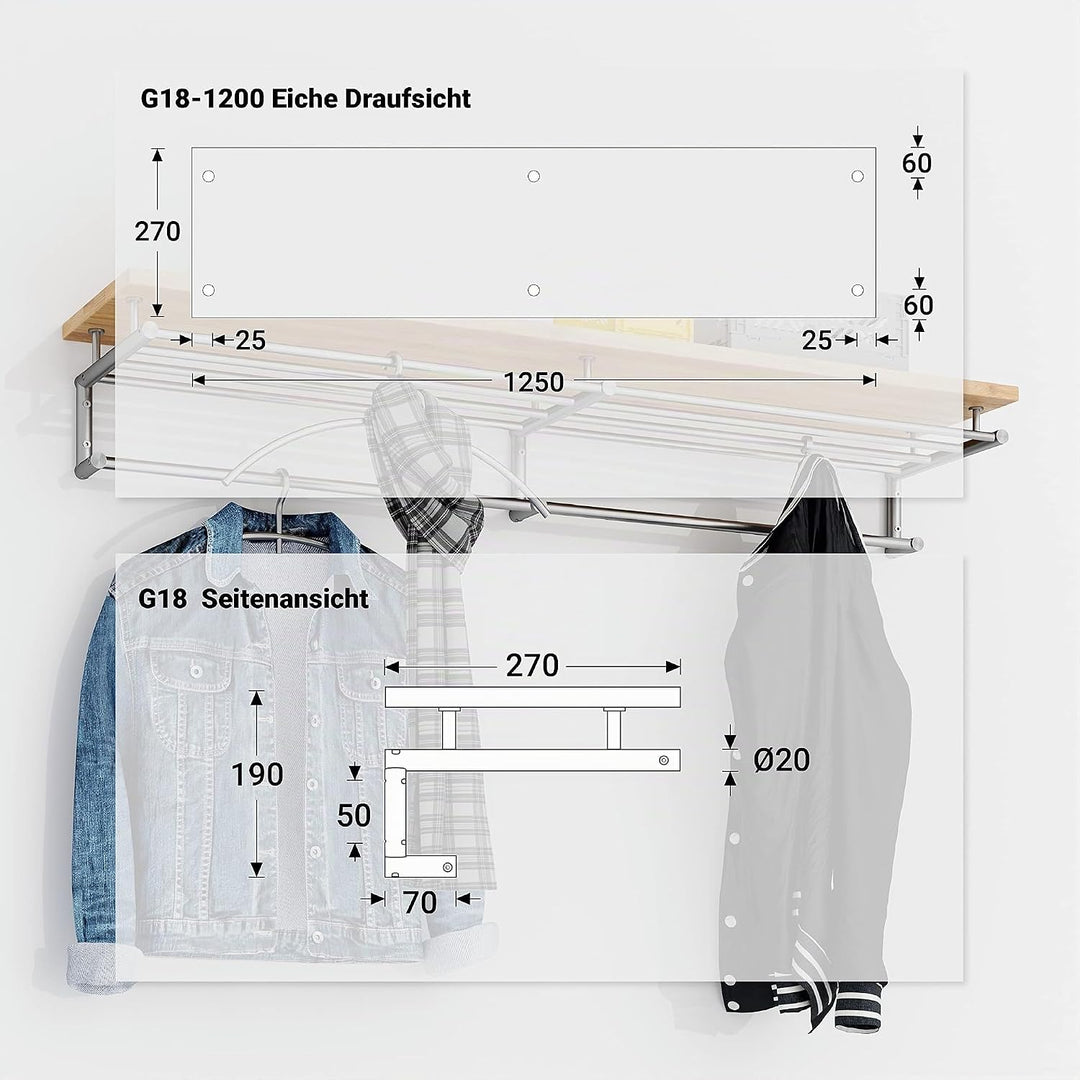 PHOS Design, G18-1200-Eiche, 120 cm Edelstahl Wandgarderobe mit Kleiderstangen und einer Ablage aus