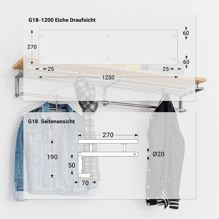 PHOS Design, G18-1200-Eiche, 120 cm Edelstahl Wandgarderobe mit Kleiderstangen und einer Ablage aus