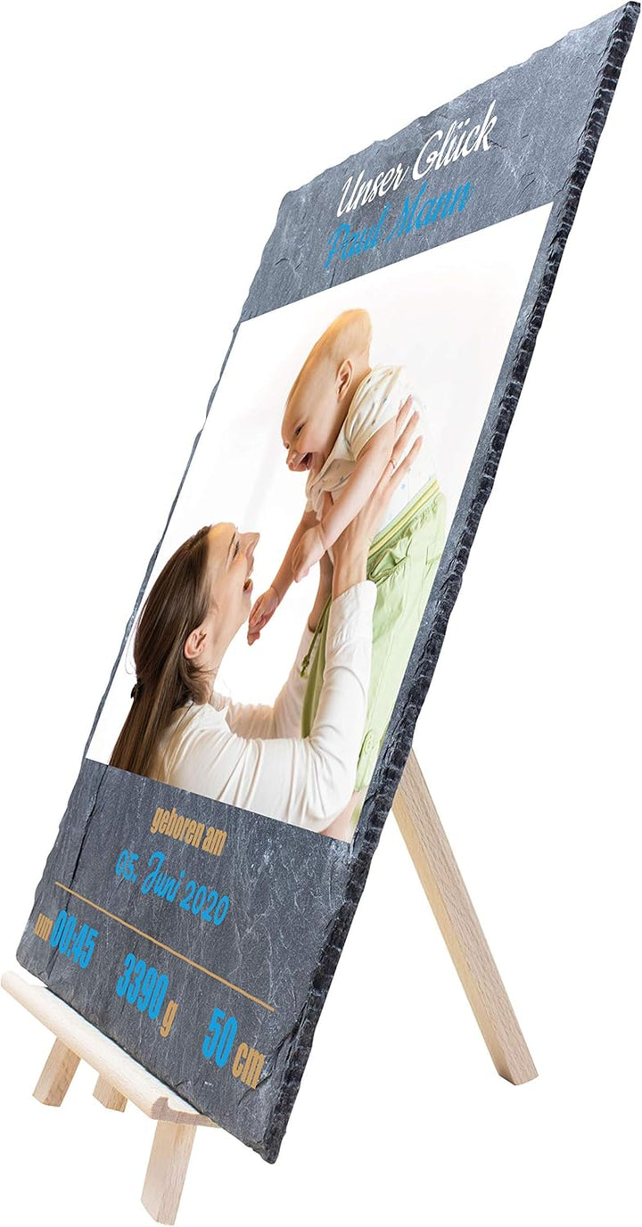 wandmotiv24 Schieferplatte mit eigenem Foto zur Geburt, 20 x 30 cm, inklusive Staffelei, Babyfoto, G