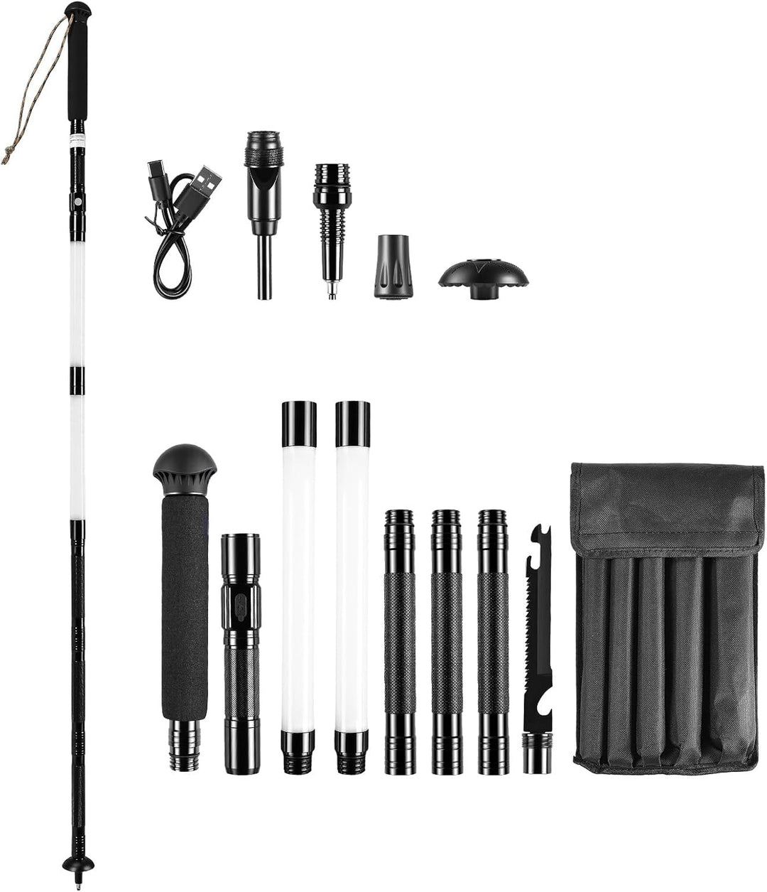 12-in-1 Wanderstöcke Survival, multifunktionale Wanderstöcke mit verstellbarem Aluminiumgriff und Me