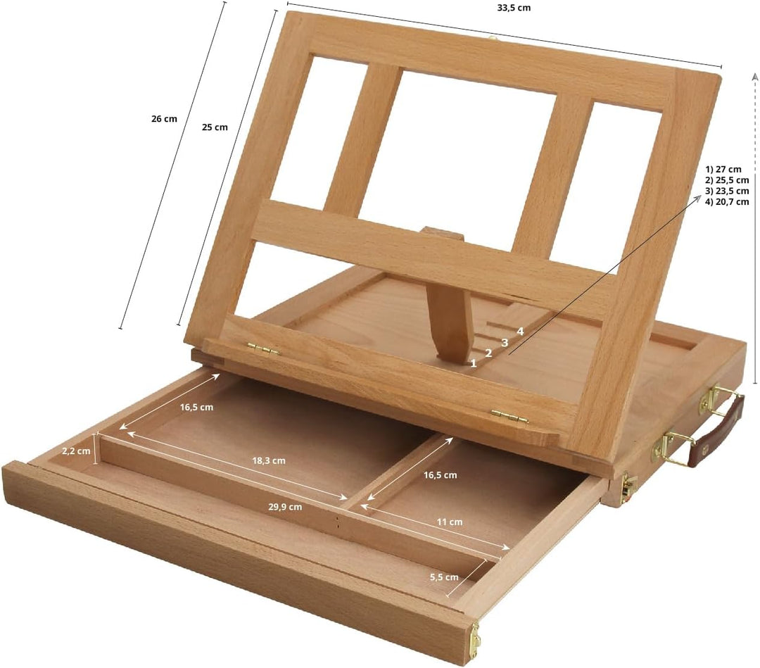 Paintersisters Tischstaffelei Lisa - Sitzstaffelei mit Schublade, Kofferstaffelei Massiv Holz, Ateli