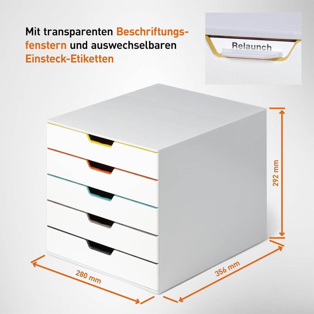 Durable Schubladenbox A4 (Varicolor Mix) 5 Fächer, mit Etiketten zur Beschriftung, mehrfarbig, 76252