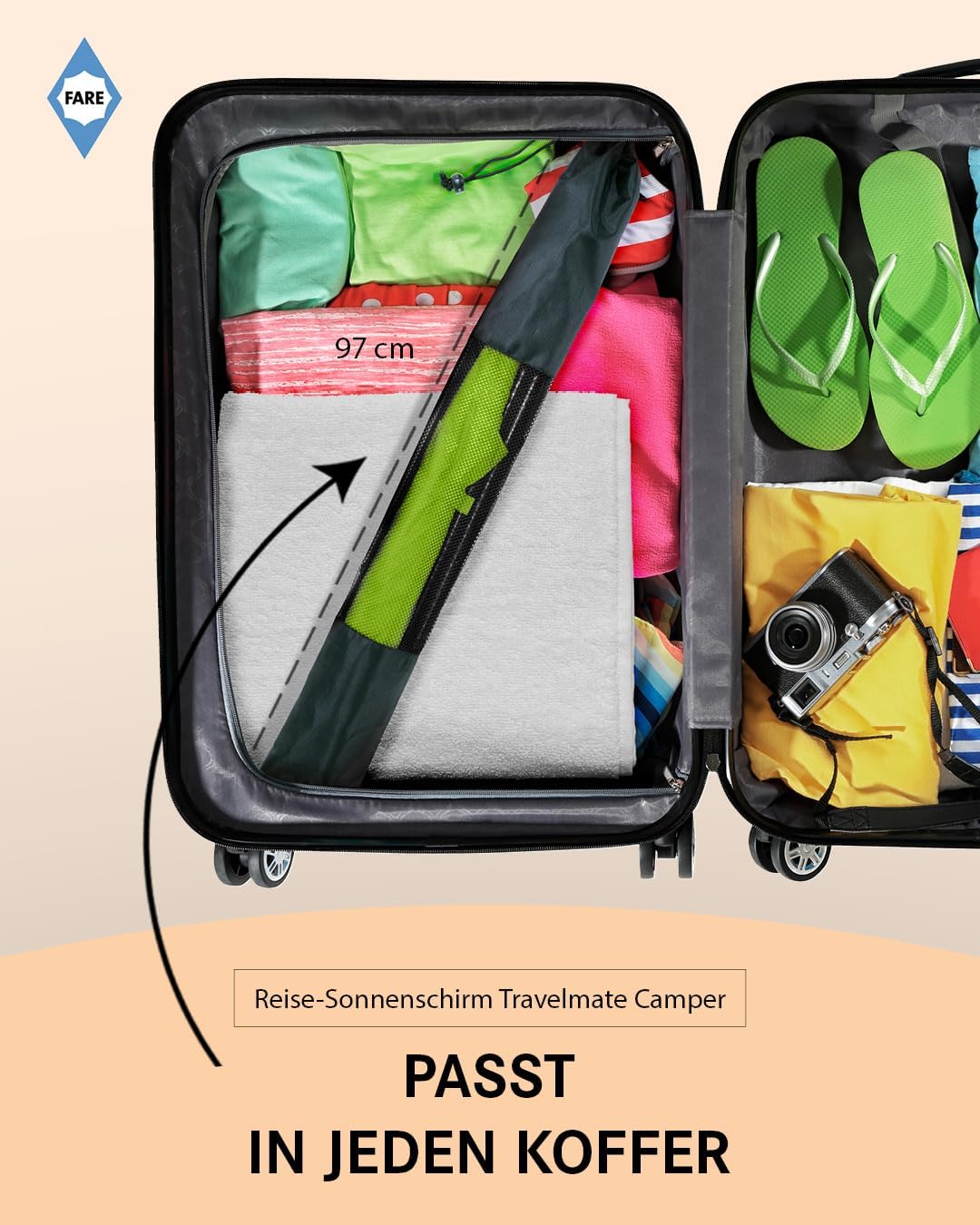 FARE Reise-Sonnenschirm Travelmate Camper UV Schutz 50+ für Koffer Flugzeug Camping Balkon Strand Ga