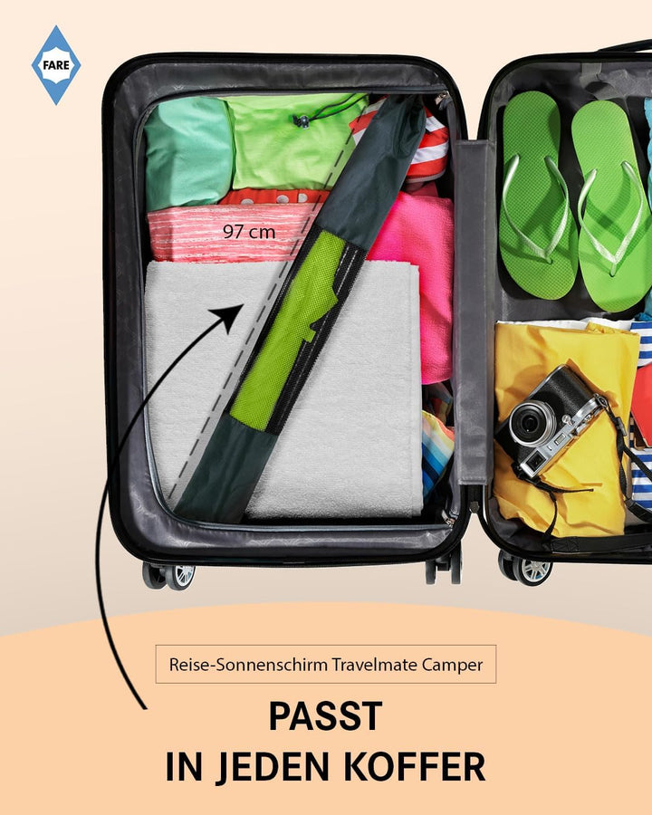 FARE Reise-Sonnenschirm Travelmate Camper UV Schutz 50+ für Koffer Flugzeug Camping Balkon Strand Ga