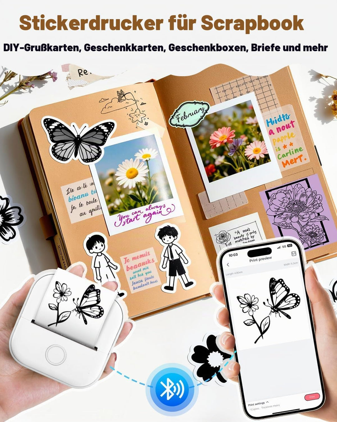 Phomemo Aufkleber Drucker, T02 Mini Thermodrucker für Smartphone, Tragbarer Fotodrucker mit 3 Rollen