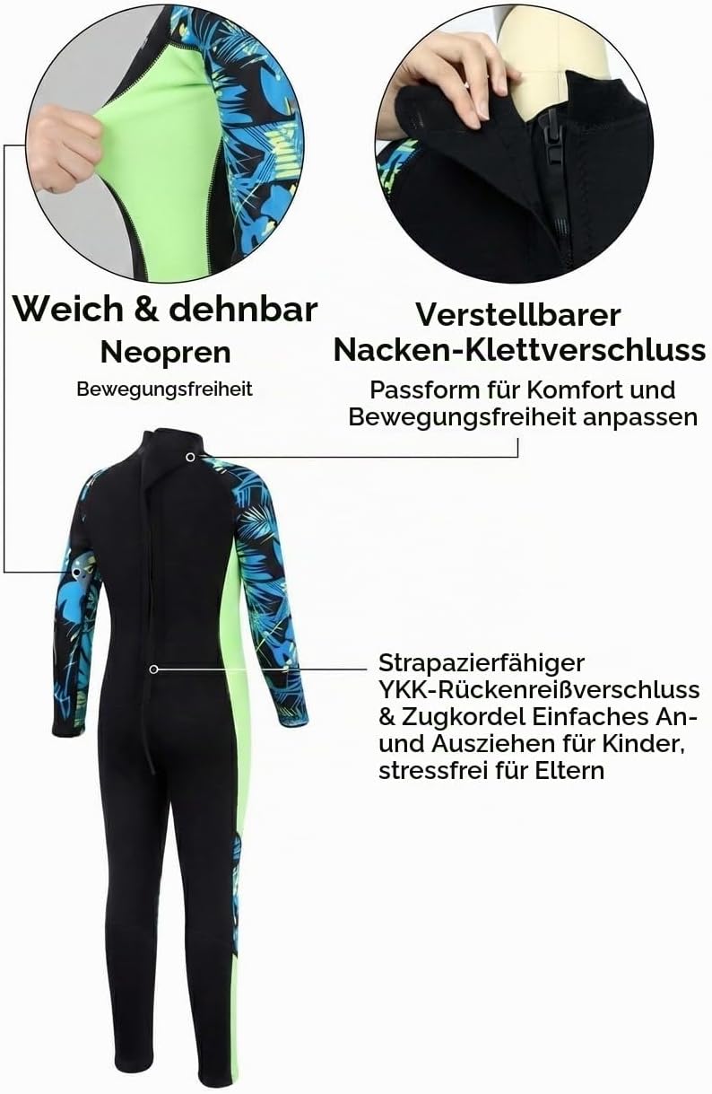 Yikayin Neoprenanzug Kinder, 2.5mm Lang Neopren Taucheranzug, Warm Neoprenanzüge Jungen Mädchen zum