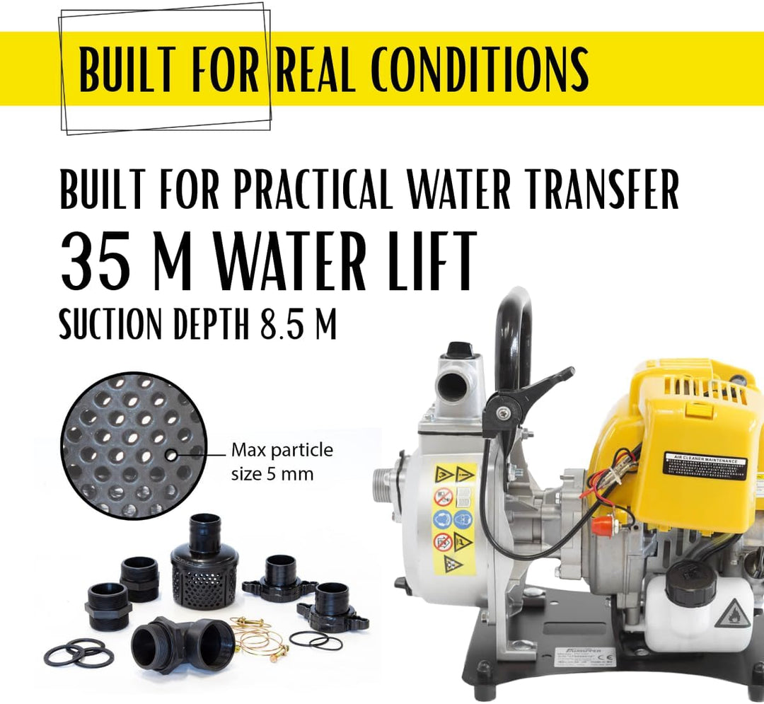 ✦ WASPPER PC107 ✦ Hochleistungs- &amp; Tragbare Benzin Wasserpumpe mit 7500 l/h Förderleistung ✦ 35m Was