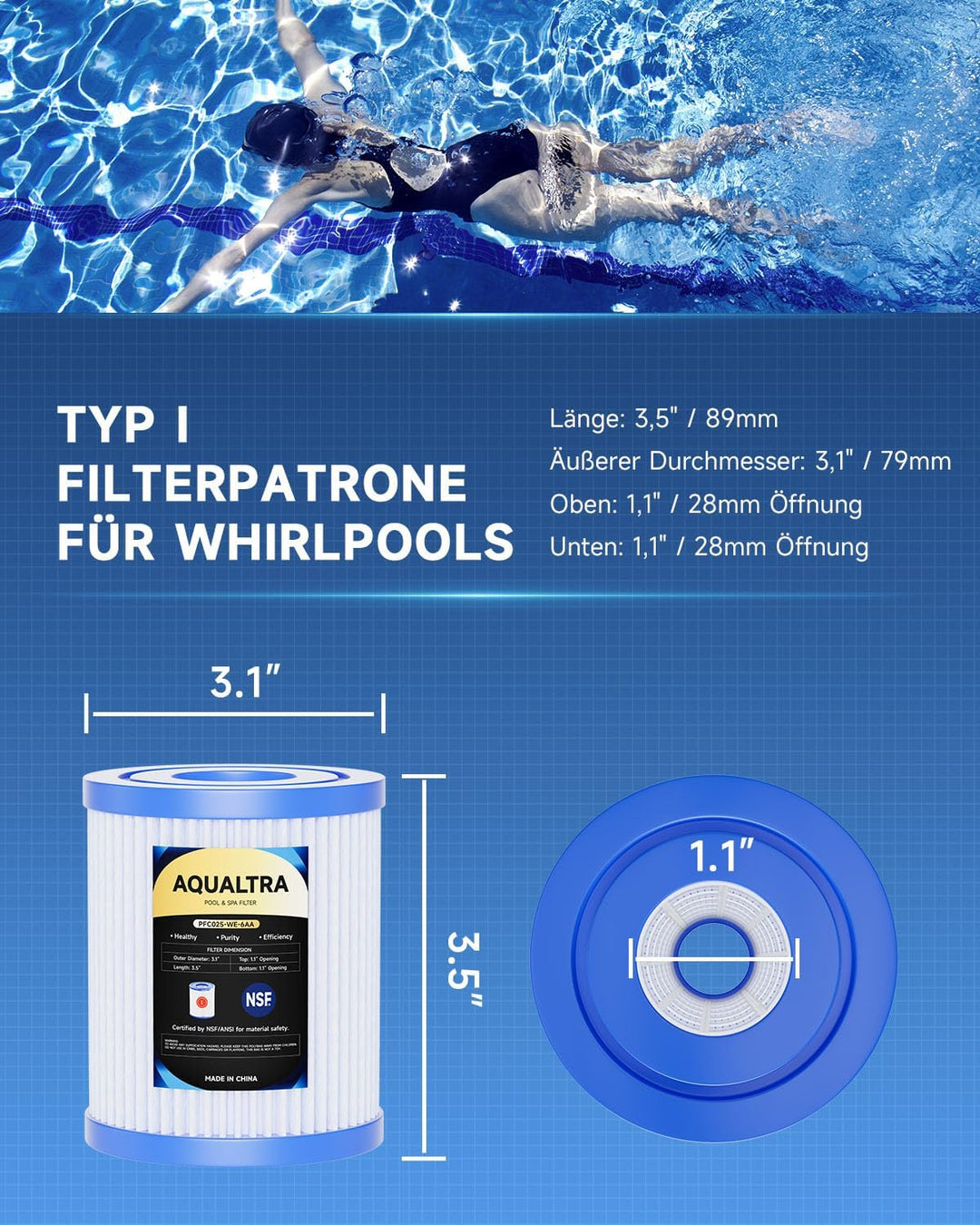 AQUALTRA Filterkartusche Typ I Kompatibel mit 58093, 58511, 58381 und mehr - 89 x 79 mm für Pools bi