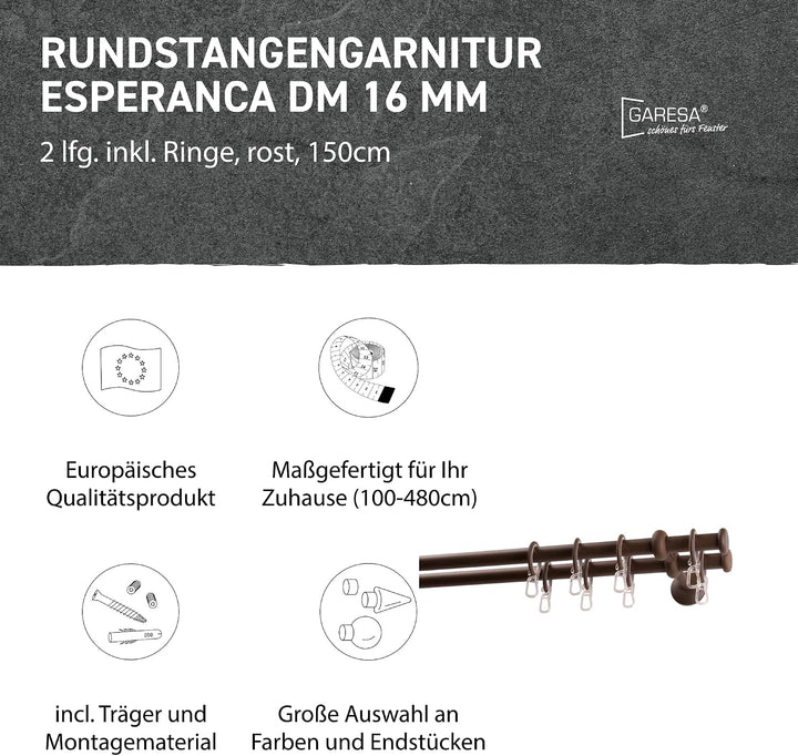 Garesa Gardinenstange Esperanca Ø 16mm, 2-läufig, Rost I Rustikale Vorhangstange inkl. Ringe + Falte