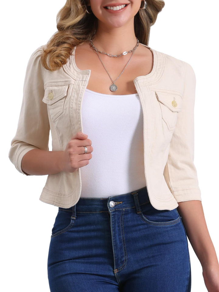 Allegra K Damen Jeansjacke 3/4 Ärmel Open Front Kragenlos Jacke mit Taschen XS Creme, XS Creme
