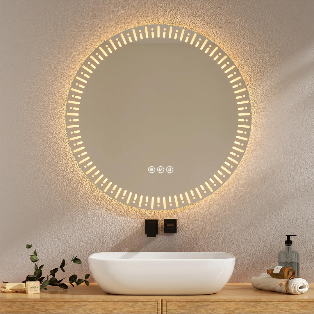 EMKE Runder Spiegel mit Beleuchtung, 70 cm, Badezimmerspiegel mit 3 Lichtfarben, dimmbar, beschlagfr