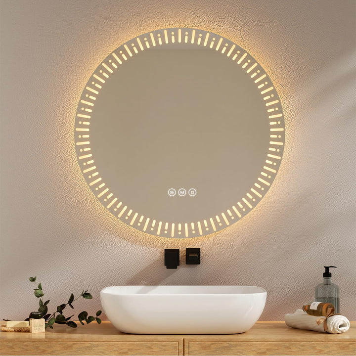EMKE Runder Spiegel mit Beleuchtung, 70 cm, Badezimmerspiegel mit 3 Lichtfarben, dimmbar, beschlagfr