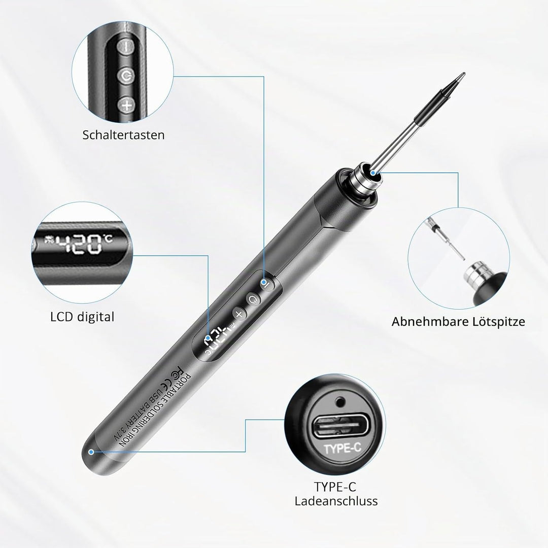Hengrongshen Lötkolben Set, Lötkolben Akku mit LED Anzeige, 3 Lötspitzen, Tragbarer Soldering Iron,