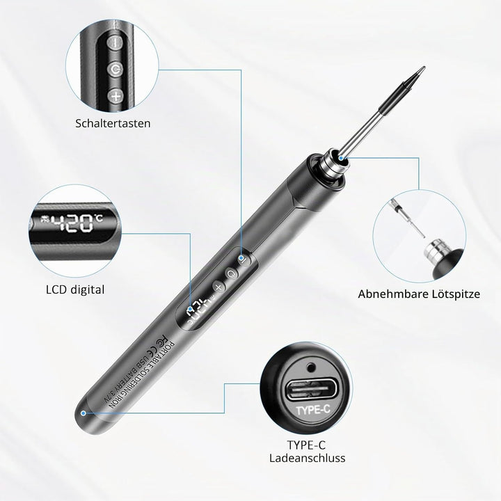 Hengrongshen Lötkolben Set, Lötkolben Akku mit LED Anzeige, 3 Lötspitzen, Tragbarer Soldering Iron,