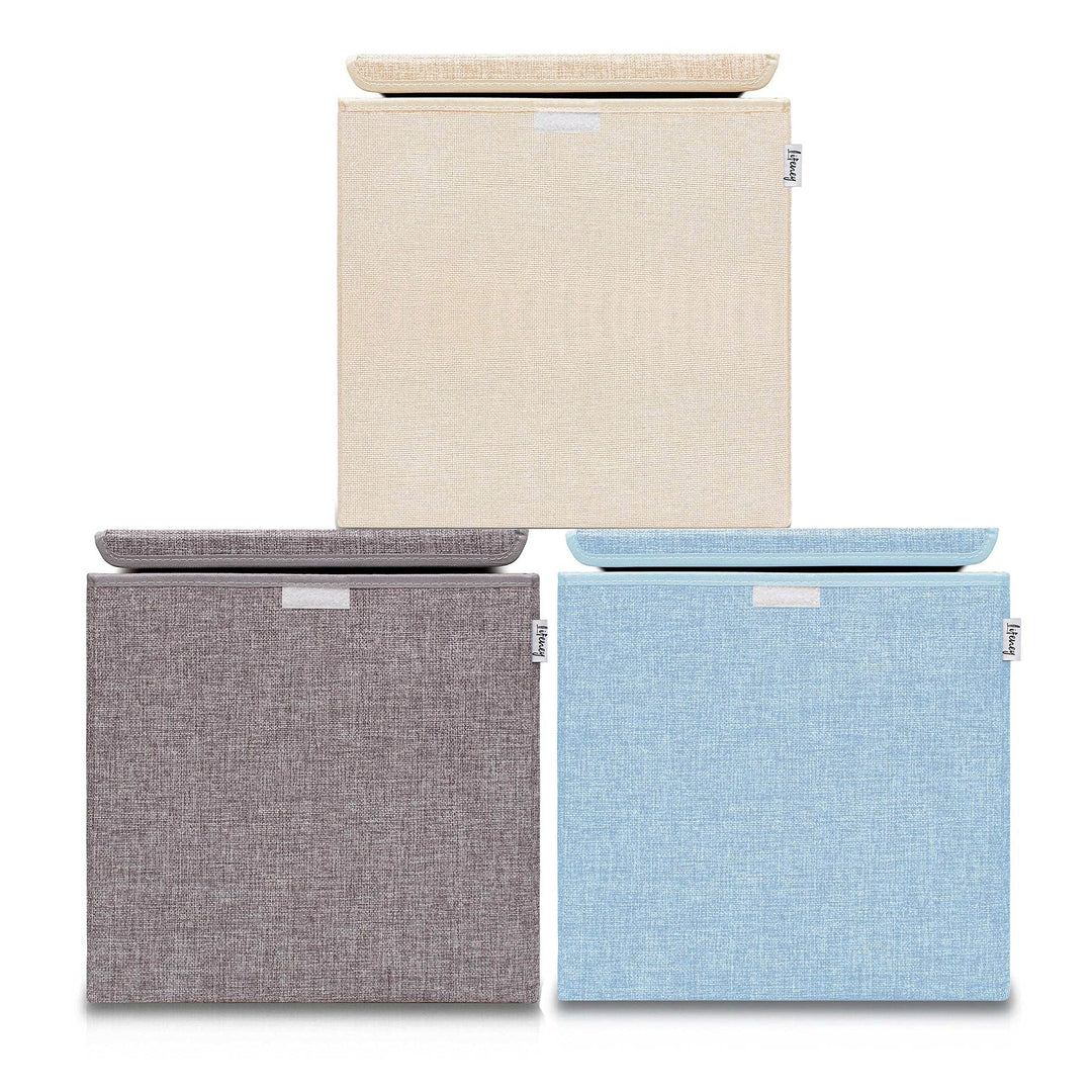 LIFENEY Aufbewahrungsbox mit Deckel im 3er Set Beige, Grau und Blau I Dreierpack Spielzeugbox passen