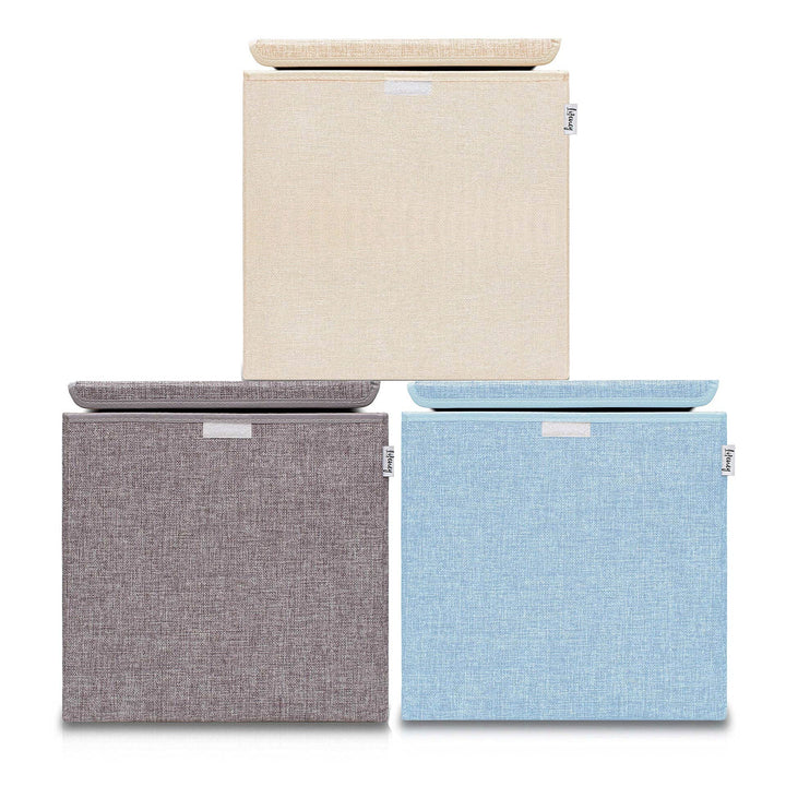 LIFENEY Aufbewahrungsbox mit Deckel im 3er Set Beige, Grau und Blau I Dreierpack Spielzeugbox passen