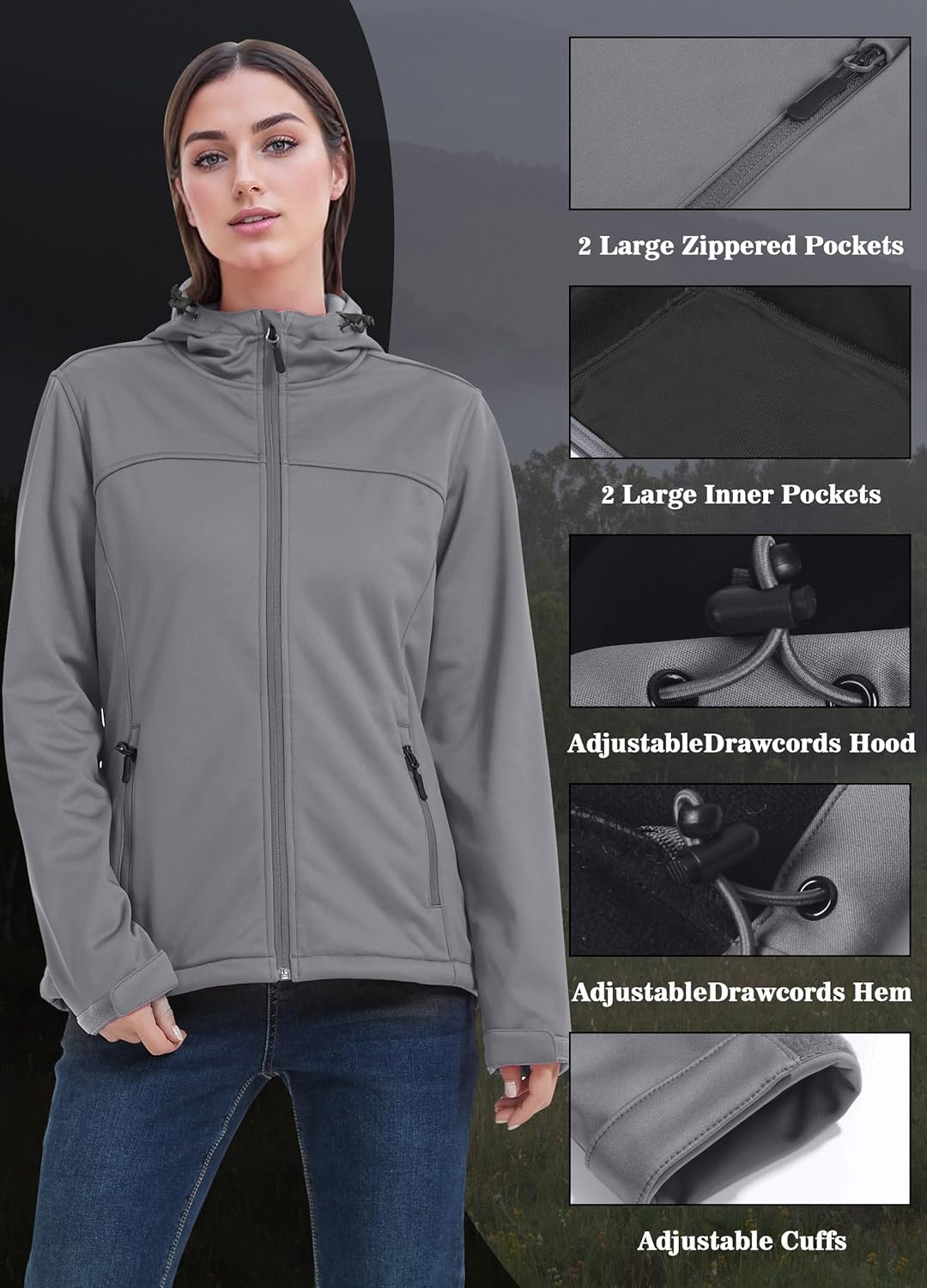 ATLASLAVA Damen Softshelljacke Wasserdichte Atmungsaktive Leichte Fleece Kapuze Übergangsjacke Laufe