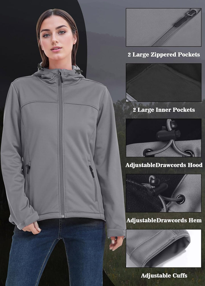 ATLASLAVA Damen Softshelljacke Wasserdichte Atmungsaktive Leichte Fleece Kapuze Übergangsjacke Laufe