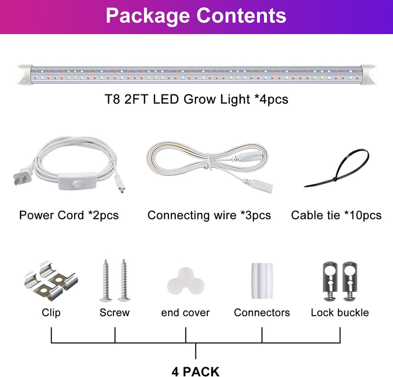 wolezek T8 Pflanzenlampe LED, 4 Pack Vollspektrum Pflanzenlicht für Zimmerpflanzen, 6500K 660nm 450n