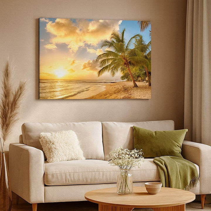 Bilder auf Leinwand 100x70cm Leinwandbild mit Rahmen Strand Meer Palme Gross Wanddeko Bild Schlafzim