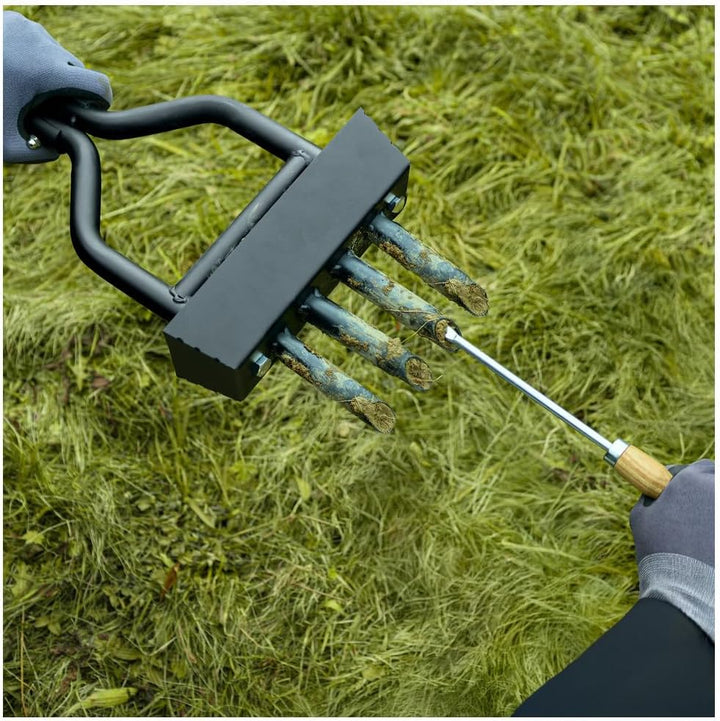 Dönges Rasenlüfter manuell - 4 Zinken aus Stahl + Kernsammelrahmen - Hand-Aerifizierer für Moosreduz