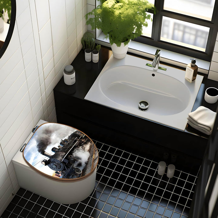 banjado® Design WC Sitz Bambus Absenkautomatik mit Motiv Dampflok/Toilettendeckel mit Absenkautomati