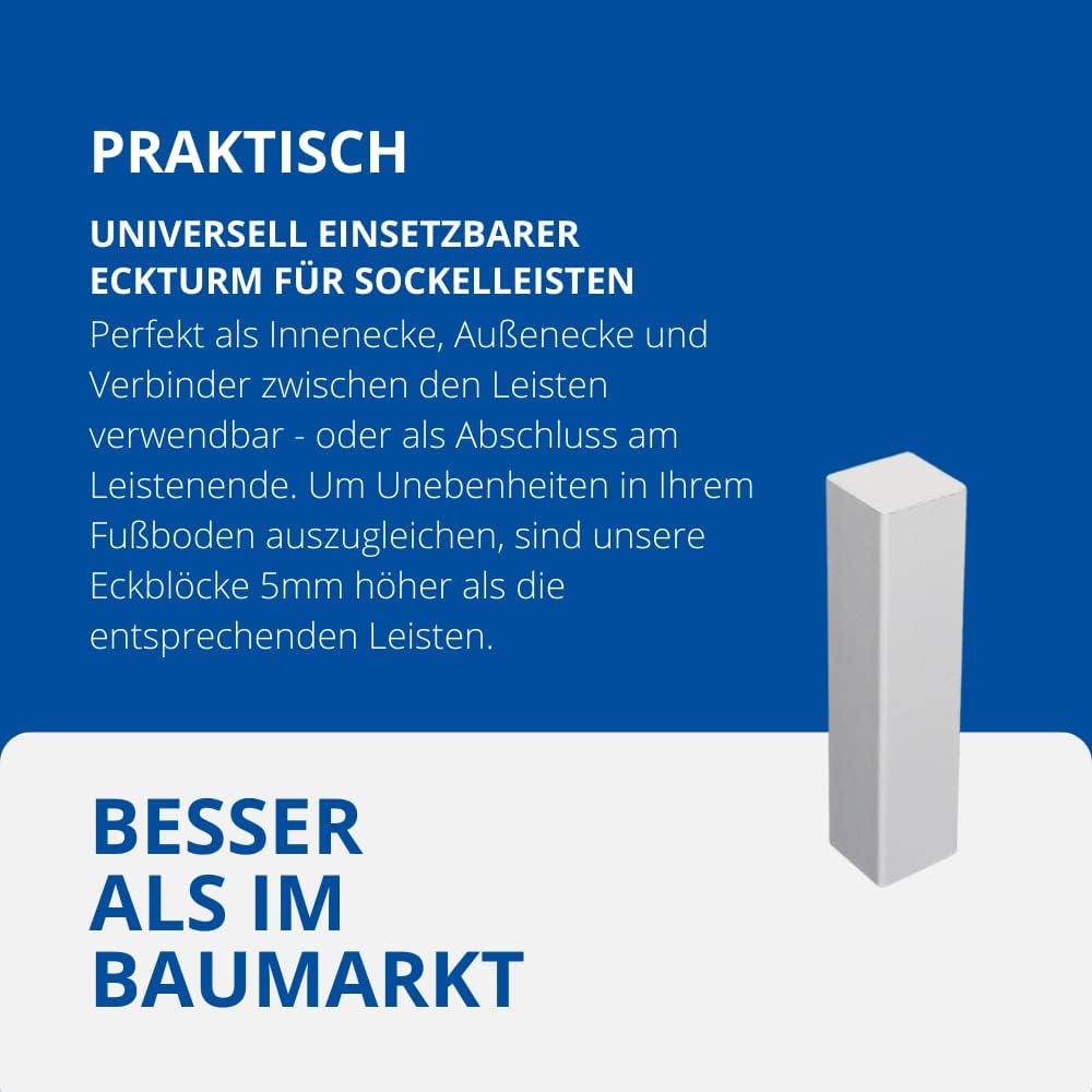 Universal Fussleisten Eckturm | MDF WEISS | (ohne Fase) | 85 mm / 20 Stück 85 mm / 20 Stück Eckturm
