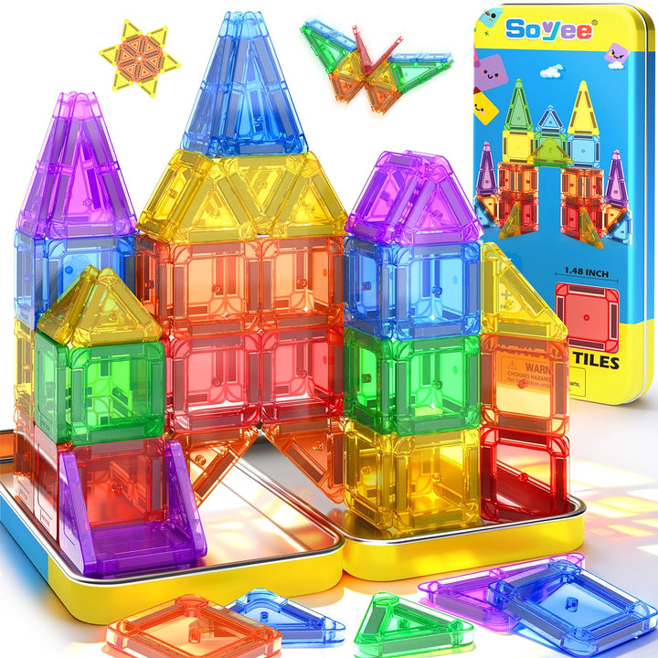 Soyee Magnetische Bausteine Reisespielzeug mit Metallbox Mini-Magnetbausteine für Kinder STEM Sensor