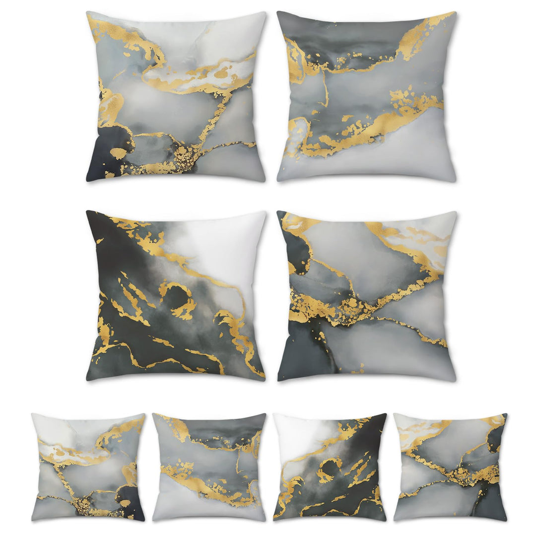 Bonhause 4er Set Kissenbezüge Marmor Grau 45 x 45 cm Doppelseitig Schwarz Gold Abstrakte Kunst Samt