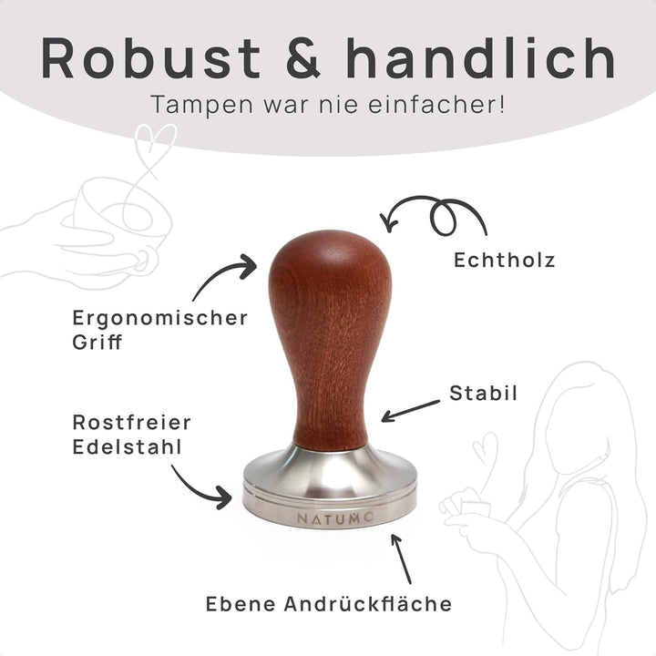 NATUMO Espresso Tamper 51mm mit Holzgriff, Siebträger Zubehör, Kaffe Tamper Set Holz mit Tampermatte