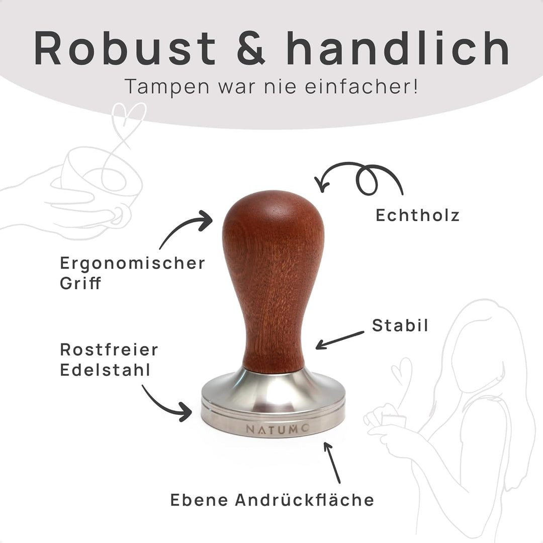 NATUMO Espresso Tamper 58mm mit Holzgriff, Siebträger Zubehör, Kaffe Tamper Set Holz mit Tampermatte