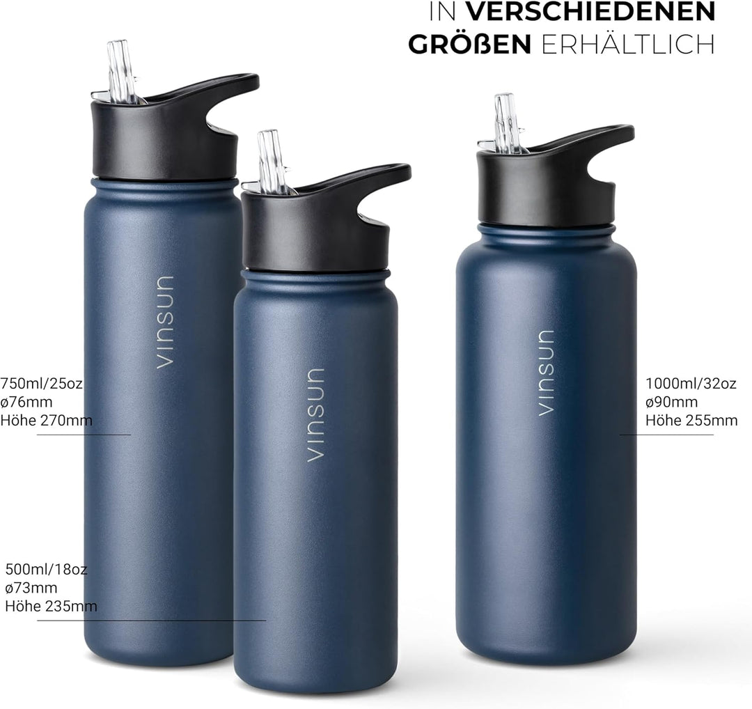 Vinsun Trinkflasche Edelstahl 500ml - auslaufsicher, Kohlensäure geeignet, BPA frei - 3 Deckel - The