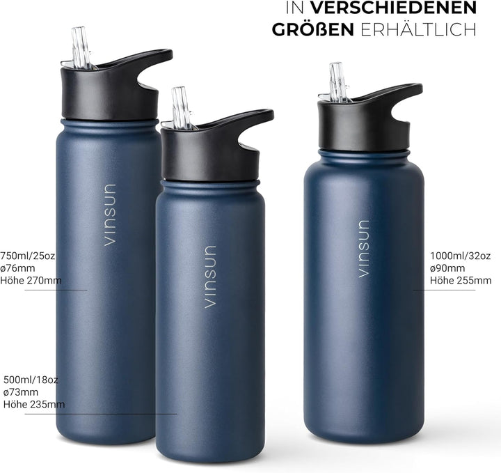 Vinsun Trinkflasche Edelstahl 500ml - auslaufsicher, Kohlensäure geeignet, BPA frei - 3 Deckel - The