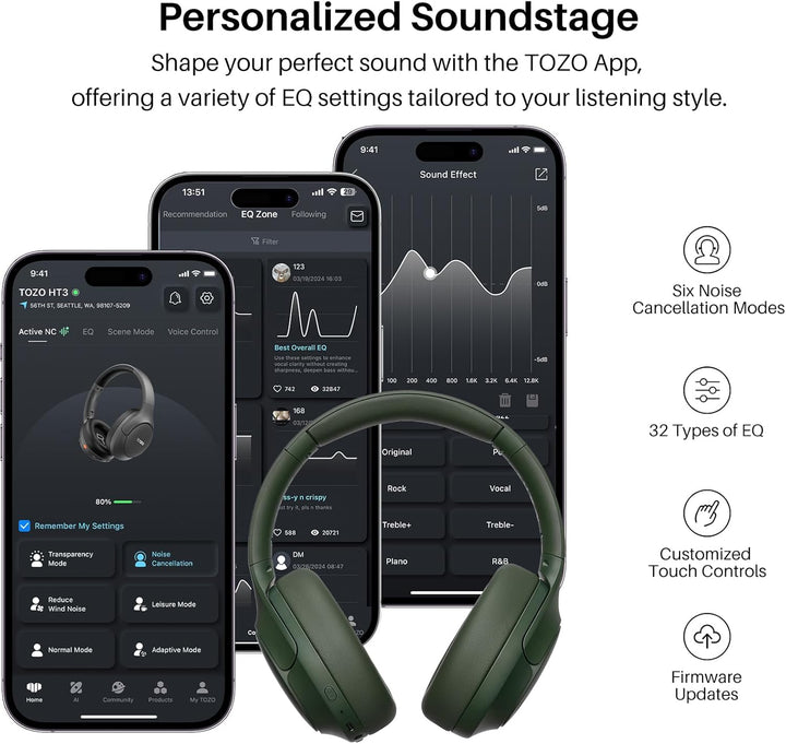 TOZO HT3 Kopfhörer Kabellos Bluetooth Over Ear, Noise Cancelling Kopfhörer mit 5 Mics,90 Std, Hi-Res