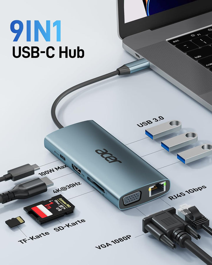 acer USB C Hub Docking Station, 9IN1 USB C zu 4K HDMI, 3xUSB 3.0 5Gbps, 1Gbps Ethernet, 100W PD, VGA