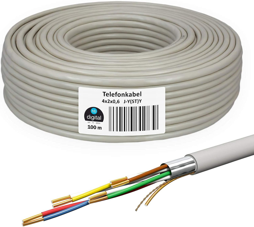 hb-digital Telefonkabel 100m 4 x 2 x 0,6 J-Y(ST) Y Verlegekabel JYSTY 8 Adern Telefonleitung 100m 4