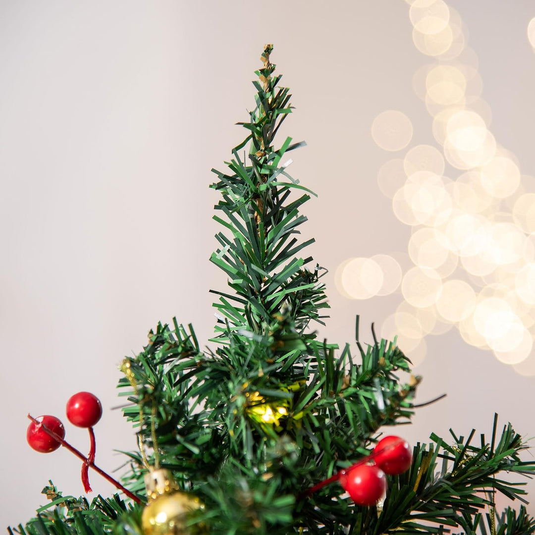 HOMCOM Weihnachtsbaum Klein, Mini Christbaum mit Stechpalmenbeeren, 15 LED-Lichtern und Kugeln, Küns