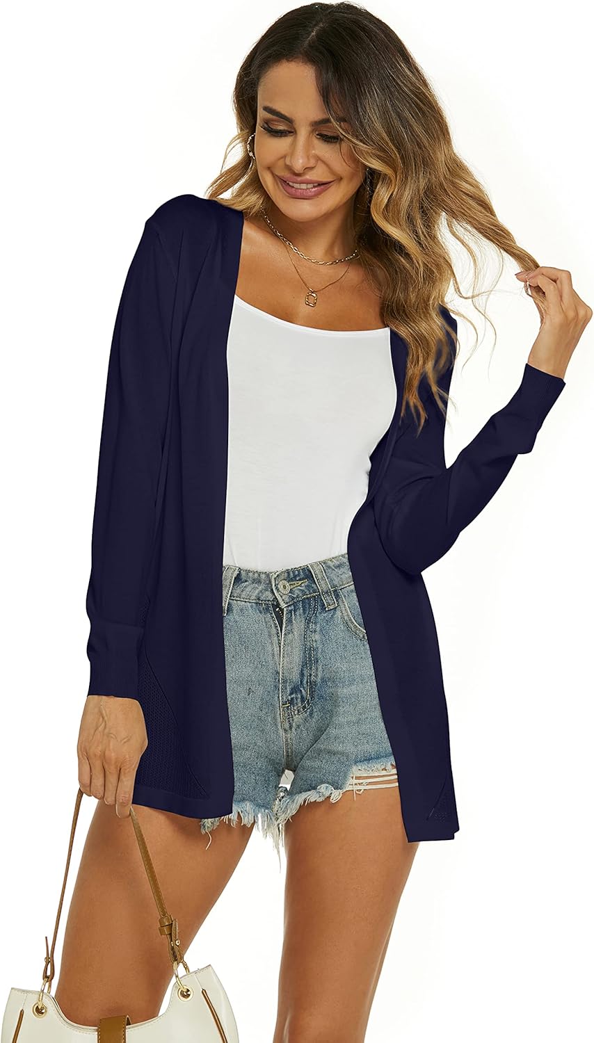 Damen Strickjacke Sommer Cardigan Elegant Lang Jacke Leichte Langarm Offene Strickjacke Sommerjacke,