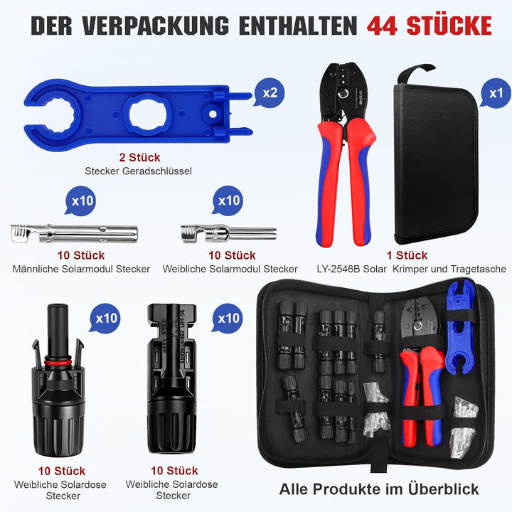 Solar Crimpzange Set, 10 Paar PV Stecker für Solarkabel (2.5/4/6 mm²) mit 2 Montageschlüssel für die