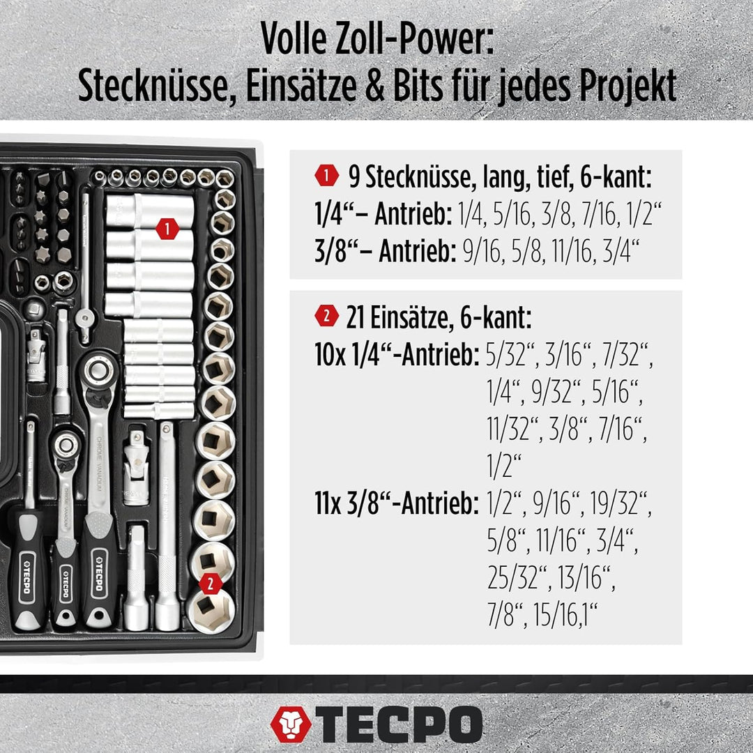 TECPO 300383 Zoll Werkzeug Satz Harley Steckschlüssel Nüsse Grössen Nuss Set Ratschenkasten