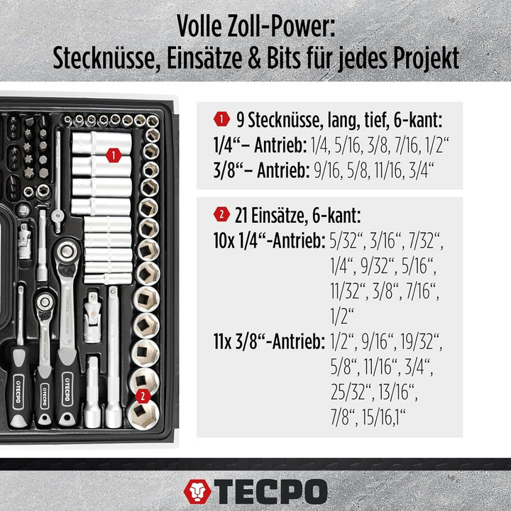 TECPO 300383 Zoll Werkzeug Satz Harley Steckschlüssel Nüsse Grössen Nuss Set Ratschenkasten
