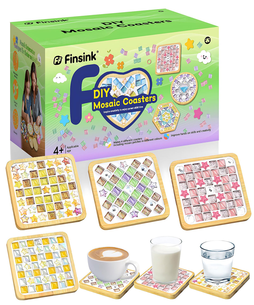 Finsink Mosaik bastelset kinder 4pcs mosaik untersetzer bastelset diy holz untersetzer Set Mosaikste