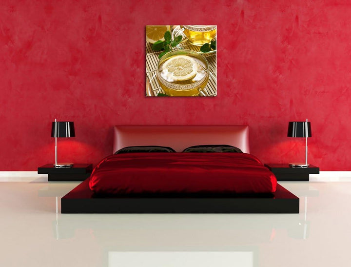 GrünerTee mit Zitrone, Format: 70x70 auf Leinwand, XXL riesige Bilder fertig gerahmt mit Keilrahmen,