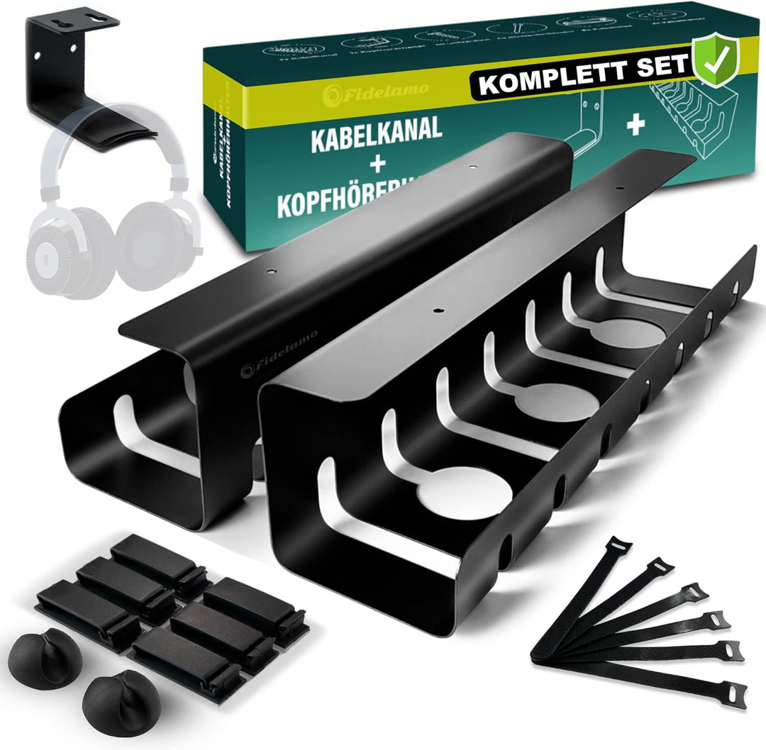 Fidelamo® Kabelkanal Schreibtisch [2 Stück] inkl. Zubehör + Kopfhörerhalter [1 Stück] - Komplettset