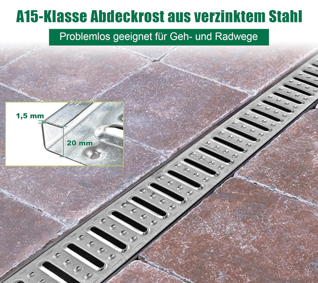 1m Set Entwässerungsrinne mit Abdeckrost aus Stahl Verzinkt - Aussenmass 1000 x 155 x 140 mm - Boden