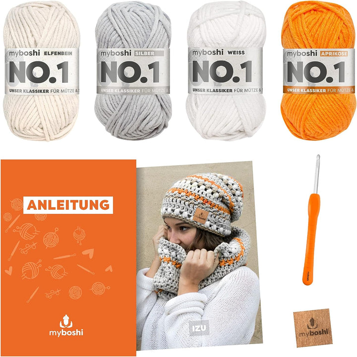 myboshi Häkelset Mütze Izu und Schal Settsu, Häkelset für Anfänger, inkl. No.1 Wolle, Nadel und Anle